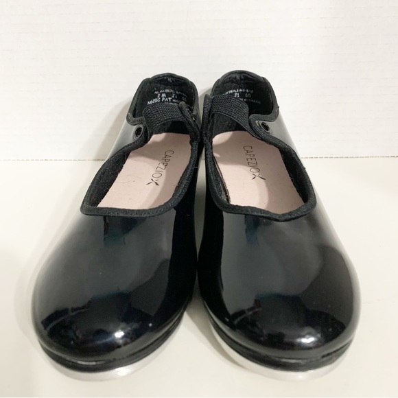Capezio Tele Tone Tap Faux Patent Leather Tap Shoes Grosgrain Ribbon Trim Black - Picture 5 of 9